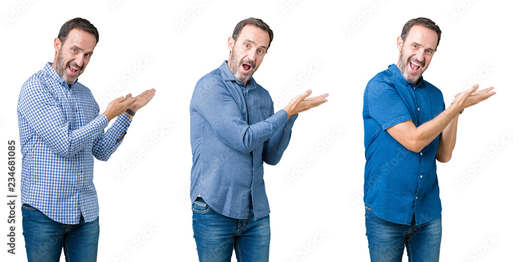 Collage of handsome senior man over white isolated background Pointing to the side with hand and open palm, presenting ad smiling happy and confident Collage of handsome senior man over white isolated background Pointing to the side with hand and open palm, presenting ad smiling happy and confident
