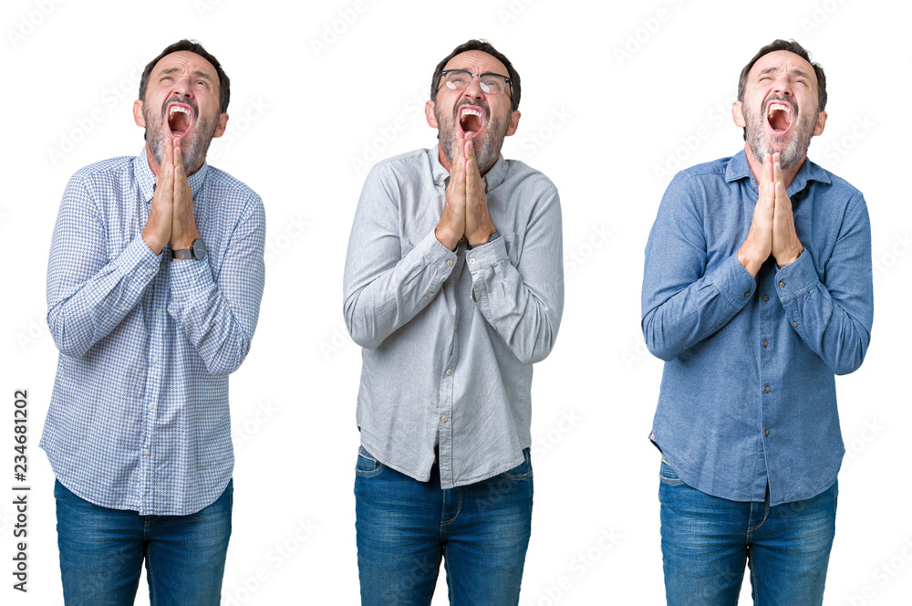 Collage of handsome senior business man over white isolated background begging and praying with hands together with hope expression on face very emotional and worried. Asking for forgiveness Collage of handsome senior business man over white isolated background begging and praying with hands together with hope expression on face very emotional and worried. Asking for forgiveness