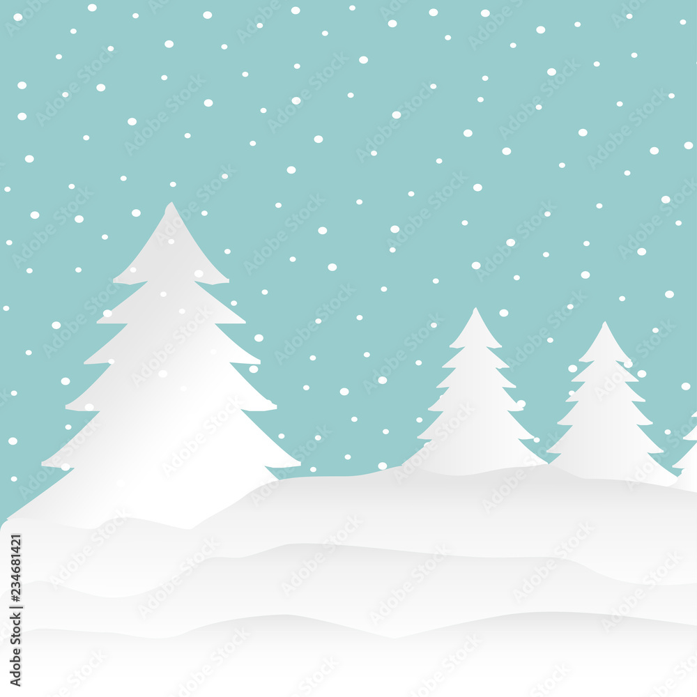 Snow forest. Pines, trees and mountain in winter. Paper vector Illustration.