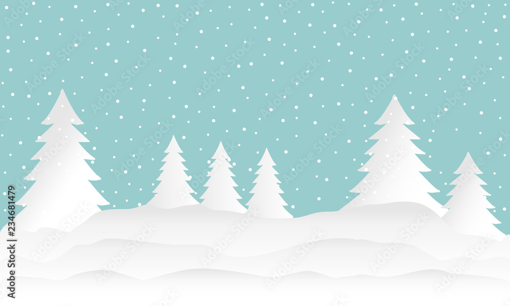 Obraz premium Snow forest. Pines, trees and mountain in winter. Paper vector Illustration.