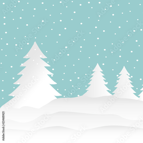 Snow forest. Pines, trees and mountain in winter. Paper vector Illustration.