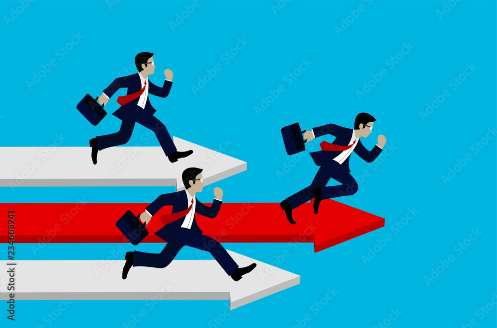 Business Success concept. Businessman running on the arrow red and white. Move forward to the goal. leadership. modern ideas And to corporate . competing to destination. illustration. paper art