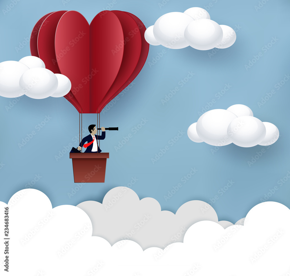 Businessman standing in The hot air balloon red holding binocular. Floating in the sky to goal to achieve success. business Concept. Modern ideas creativity. vector illustration. paper art