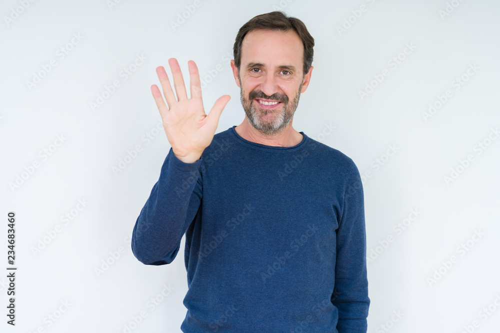 Elegant senior man over isolated background showing and pointing up with fingers number five while smiling confident and happy. Elegant senior man over isolated background showing and pointing up with fingers number five while smiling confident and happy.
