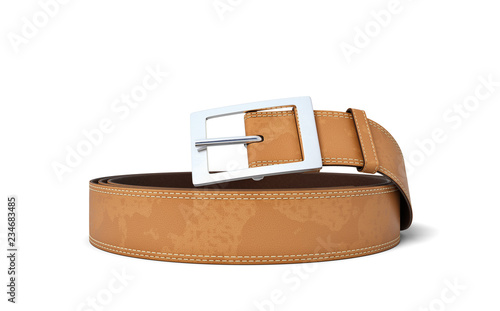 3d rendering of a brown leather belt with a light metal buckle on a white background.