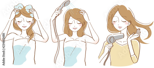 ヘアケア　シャンプー　女性　イラスト　セット
