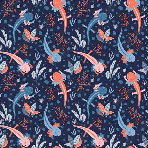 Lovely axolotl vector pattern, seamless repeat in red and blue shades. Trendy hand drawn style. Great for editorial & textile design, wallpapers, backgrounds, scrapbooking, wrapping paper, cards etc.