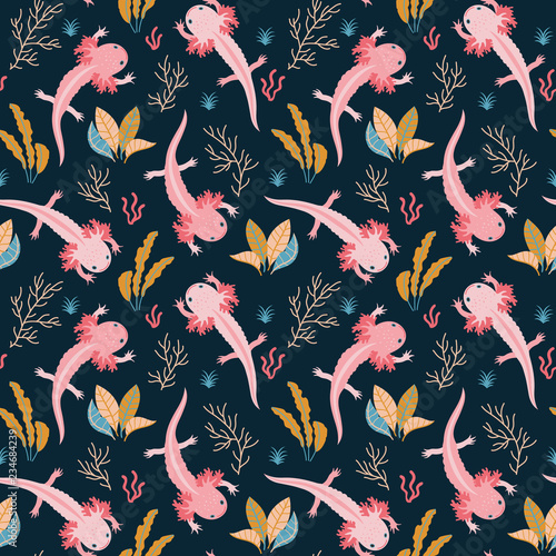 Hand drawn aquarium scene with axolotl & sea weed elements on dark plain background, seamless vector repeat. Trendy graphic style. Great for textile design, web & print, wallpapers & backgrounds etc.