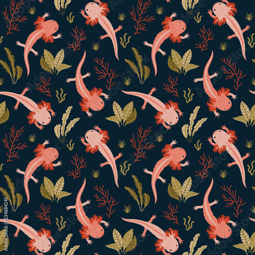 Hand drawn aquarium scene with axolotl & sea weed elements on dark plain background, seamless vector repeat. Trendy graphic style.