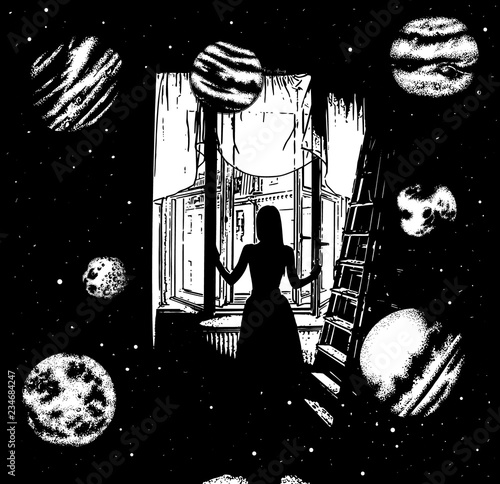 Vector hand drawn surreal illustration of a girl opening window in the other world .