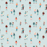Bright varied ice skating people vector pattern, seamless repeat on light blue background. Trendy graphic illustration style. Great for textile & card design, packaging products and other surfaces.