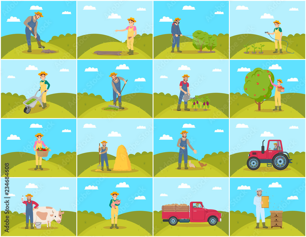 Fototapeta premium Farmer With Pig and Cow Set Vector Illustration