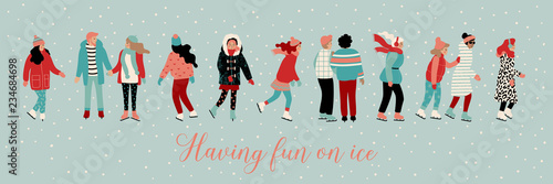 Vector illustration of different skating people on banner. Trendy retro style. Graphic design elements, great for Christmas and New Year related prints, cards, pattern making etc.