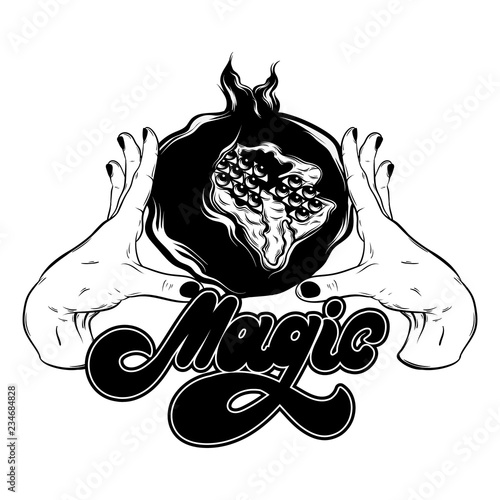 Vector hand drawn illustration of granate with eyes and handwritten lettering.