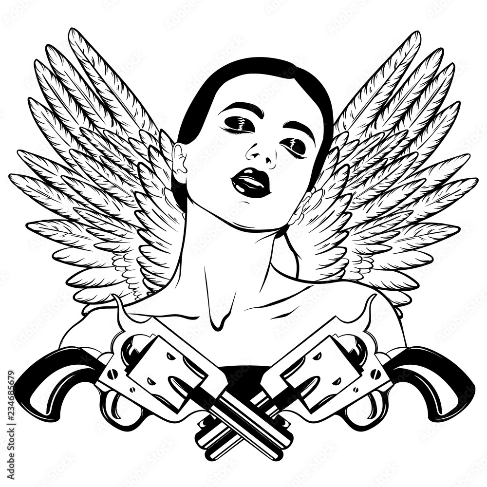 Vector hand drawn illustration of realistic girl withguns and wings. Tattoo  hand sketched artwork with portrait. Template for card, poster, banner,  print for t-shirt, sticker, textiles. Stock Vector | Adobe Stock
