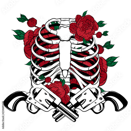 Vector hand drawn illustration of human ribs with flowers and guns isolated. Surreal tattoo artwork. Template for card, poster, banner, print for t-shirt, pin, badge, patch.