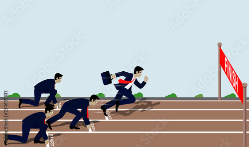 Businessmen run to the finish line to success in business Concept.  Cartoon, vector illustration.
