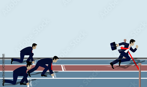 Businessmen run to the finish line to success in business Concept.  Cartoon, vector illustration.