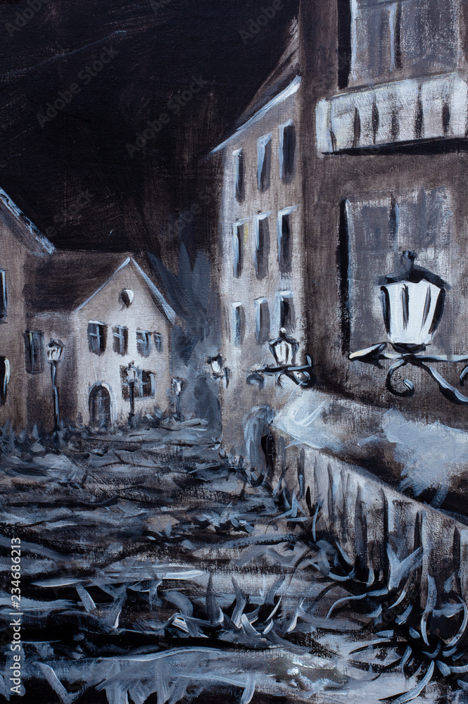 Original Oil Painting On Canvas Modern Art A Black And White Of A Dark European Alleyway At Night In Horizontal Stock Illustration Adobe Stock