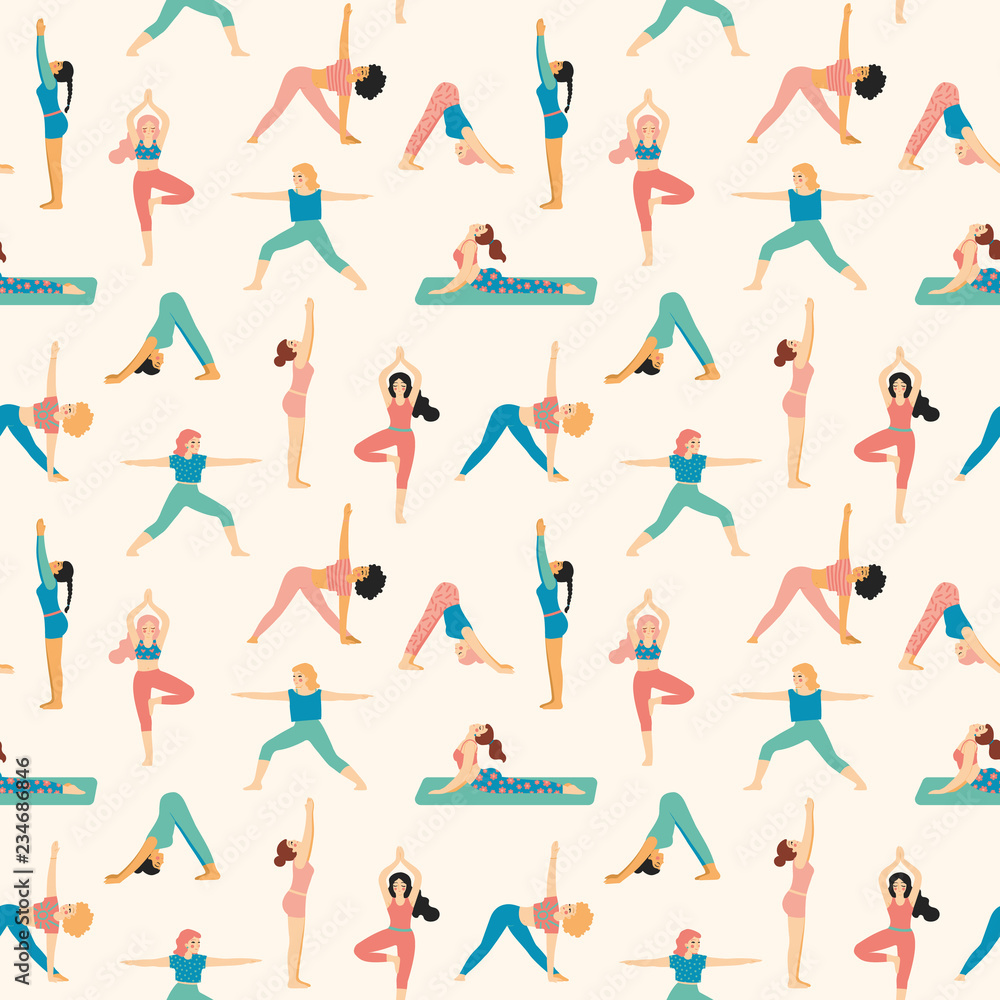 Colorful yoga girls vector pattern, seamless repeat in pastels. Trendy clean style elements. Great for apparel & editorial design, surfaces & wallpapers, scrapbooking, cards, packaging paper etc.