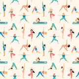 Colorful yoga girls vector pattern, seamless repeat in pastels. Trendy clean style elements. Great for apparel & editorial design, surfaces & wallpapers, scrapbooking, cards, packaging paper etc.