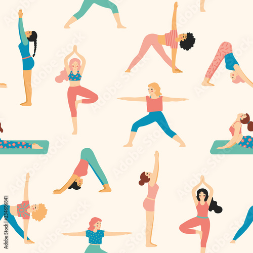 Soft colored Yoga girls vector pattern, seamless repeat. Trendy flat style elements. Great for apparel & editorial design, surfaces & wallpapers, scrapbooking, packaging & wrapping paper etc.