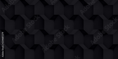 Volume realistic vector cubes texture, black geometric seamless pattern, design dark background for you projects 