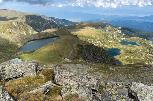 Summer view of The Kidney, The Twin, The Trefoil, The Fish and The Lower Lakes, Rila Mountain, The Seven Rila Lakes, Bulgaria