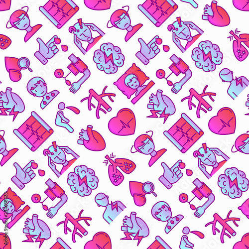 Heart attack symptoms seamless pattern with thin line icons: dizziness, dyspnea, cardiogram, panic attack, weakness, acute pain, cholesterol level, nausea, diabetes. Modern vector illustration.