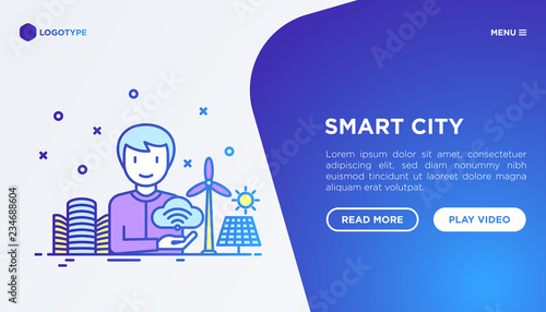 Smart city concept: urbanist develops city project. Thin line icons. Vector illustration, web page template.