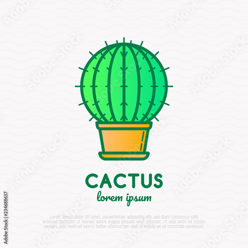 Cactus with prickles in pot thin line icon. Modern vector illustration of home plant.