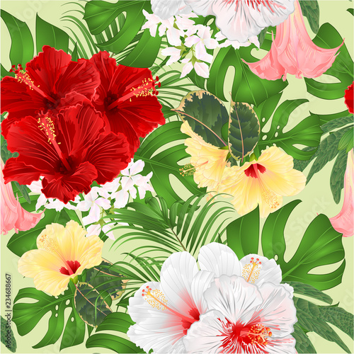 Bouquet with tropical flowers floral arrangement, with beautiful red white and yellow hibiscus, palm,philodendron and Brugmansia vintage vector illustration editable hand draw