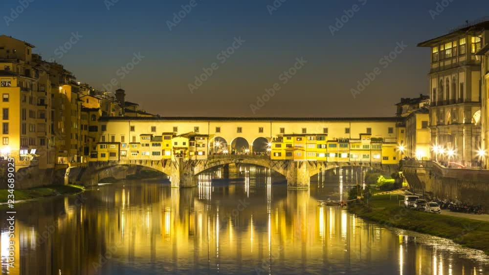 Ponte Vecchio Florence zoom Timelapse at night and Arno river in Florence Italy City. Reflection on water. Footage in 4K. Ponte Vecchio Florence zoom Timelapse at night and Arno river in Florence Italy City. Reflection on water. Footage in 4K.