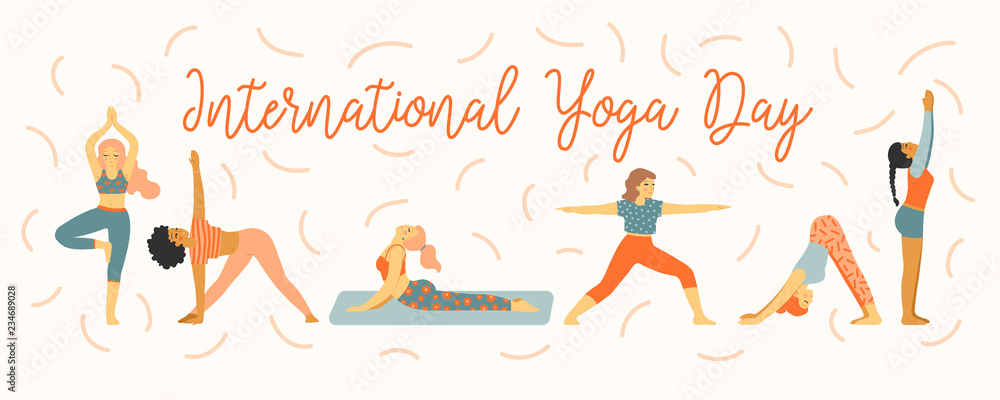 International Yoga Day. Simplified illustration of different women in easy yoga poses, trendy hand drawn style. Isolated vector elements, great for concept & editorial design, pattern making etc.
