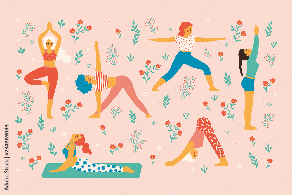 Simplified bright illustration of different women in easy yoga poses, trendy hand drawn style in pastel colors. Isolated vector elements, great for concept & editorial design, pattern making etc. Simplified bright illustration of different women in easy yoga poses, trendy hand drawn style in pastel colors. Isolated vector elements, great for concept & editorial design, pattern making etc.
