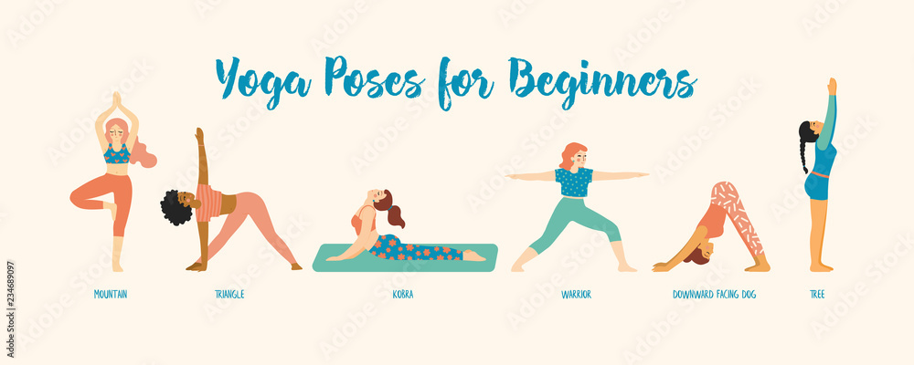 Asana Poses for Beginners. Hand drawn vector illustration of women. Trendy flat style in soft pastel colors. Isolated elements, great for concept & editorial design, pattern making, stickers, etc. Asana Poses for Beginners. Hand drawn vector illustration of women. Trendy flat style in soft pastel colors. Isolated elements, great for concept & editorial design, pattern making, stickers, etc.