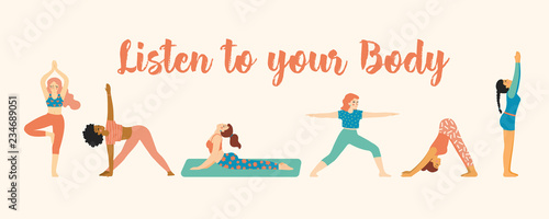 Colorful illustration of girls in simple asana yoga positions. Trendy clean style. Listen to your body. Isolated vector elements. Great for pattern & editorial design, concept, sticker templates etc.
