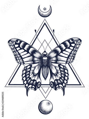 Butterfly tattoo and t-shirt design. Butterfly in triangle, at top is half moon with star, at bottom is full moon.