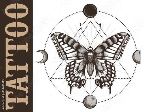Tattoo school banner with butterfly, triangle geometry, moon phases. Mystical symbol of soul, immortality, rebirth