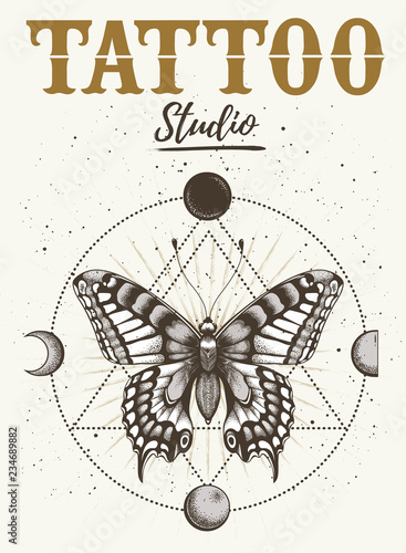 Tattoo studio poster. Banner with mystical butterfly tattoo and orbiting moon. Geometry style.