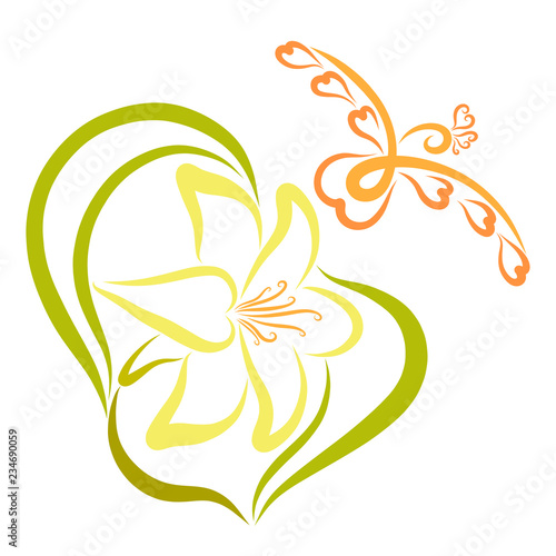 A bird of hearts flying over a blooming lily