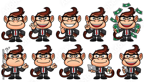 Cartoon monkey in business suit and in 10 different poses, isolated on white background. 