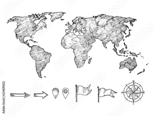 Sketched style world map and navigation elements vector illustration isolated on white