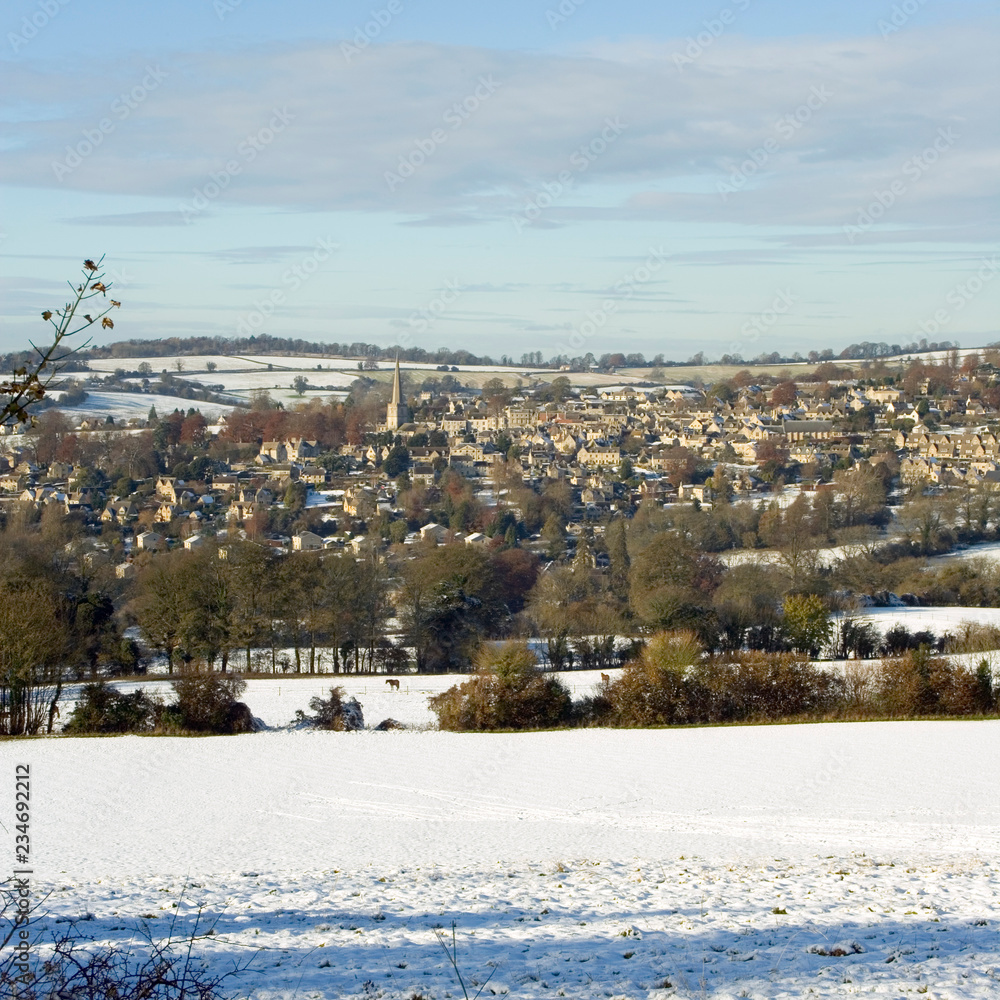 England, Gloucestershire, Cotswolds, winter view towards Painswick from Bulls Cross