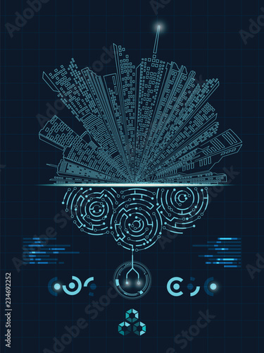 abstract technology background; digital building in a matrix style; technological city combined with electronic board