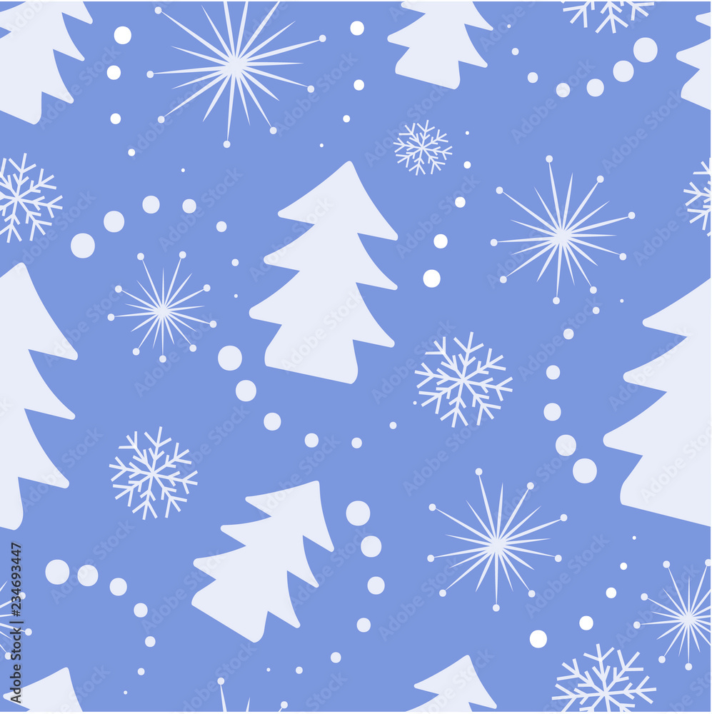 Christmas seamless background with Christmas trees, snowflakes and trees. New Christmas design