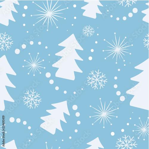 Christmas seamless background with Christmas trees, snowflakes and trees. New Christmas design