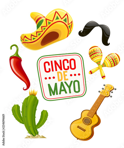 Cactus, sombrero, guitar, moustache, pepper, maracas. Set