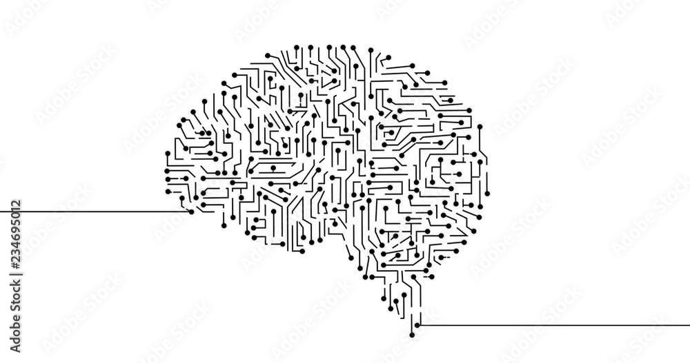 Appearance of brain animation with connect lines black and white alpha matte. Flat digital design concept. Comming idea and processing expanding artificial intelligence
