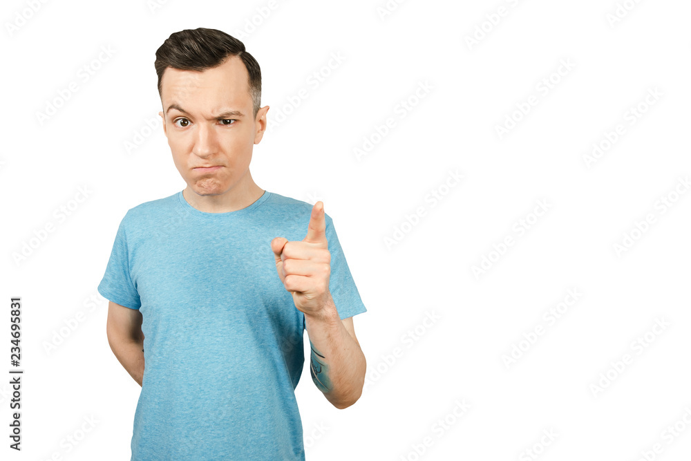 Portrait of young thinking serious, severe, grave, earnest, strong, important guy with finger up isolated on a white background. Portrait of young thinking serious, severe, grave, earnest, strong, important guy with finger up isolated on a white background.